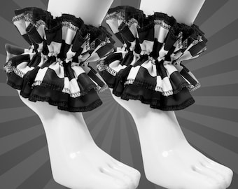 Conjunto de tobilleras con volantes negros y a cuadros, pulsera clowncore, accesorios de arlequín, bufón, kidcore, childcore