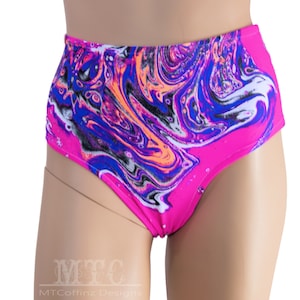 Cheeky High Waisted UV Reactive Neon Pink Acid Print Booty Shorts Rave Shorts Swim Bottoms Bathing Suit Black Light All Sizes- MTCoffinz