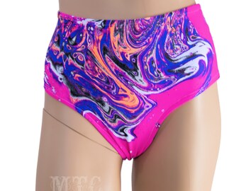 Cheeky High Waisted UV Reactive Neon Pink Acid Print Booty Shorts Rave Shorts Swim Bottoms Bathing Suit Black Light All Sizes- MTCoffinz