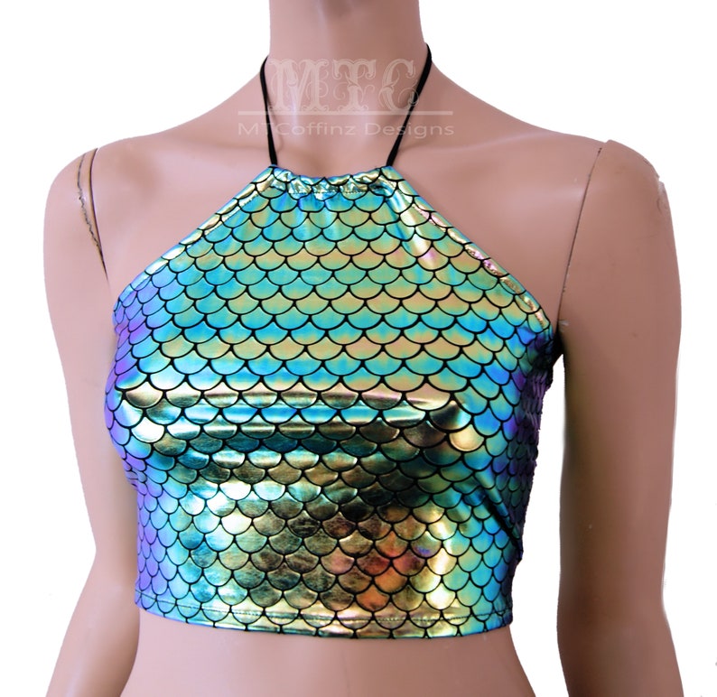 MTCoffinz Dragon Scales Peacock Blue Purple Green Gold Mermaid Scales Halter Corset lacing adjustable size boho Rave Festival Halter Top
