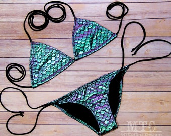 Iridescent Green Purple Mermaid Scales Bikini Bra Top Tie Waisted Rave Set MTCoffinz - Choose Size (Separates available)