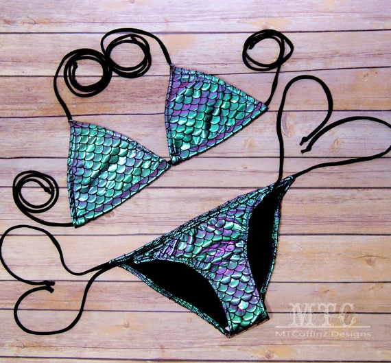 Iridescent Green Purple Mermaid Scales Bikini Bra Top Tie Waisted