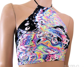 Neon Rainbow Acid Trippy Psychedelic UV Reactive Corset lacing adjustable size boho Rave Festival Halter Top - MTCoffinz