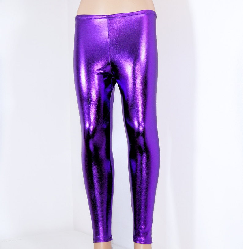 Shiny Metallic Purple Stretch Lycra Leggings Pants Child Toddler Kids All Sizes MTCoffinz