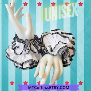 White  Pierrot Clown Ruffle Cuff Set with Black Trim Cotton Clowncore Bracelet Harlequin Accessories Jestercore Kidcore Childcore