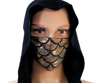 Holographic Gold Dragon Scales Raver Surgical Mask Festival Bandana Burner Kandi CyberGoth PLUR Man Unisex - MTcoffinz