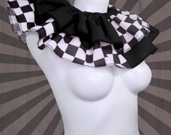 Black and Checkerboard print Clowncore Ruffled Jester Costume Collar Clown Neck Ruff Pierrot Cosplay Halloween Circus Adult Unisex