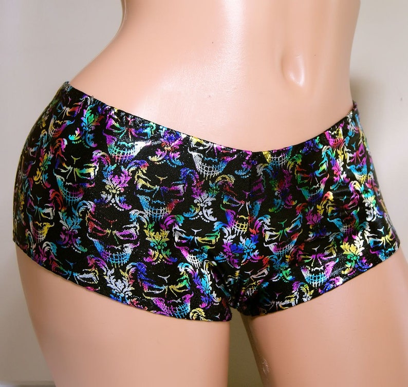Ready to Ship Metallic Silver Foil Skull Lycra Booty Shorts Adult XS Xsmall MTCoffinz