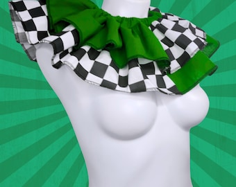 Green and Checkerboard print Clowncore Ruffled Jester Costume Collar Clown Neck Ruff Pierrot Cosplay Halloween Circus Adult Unisex
