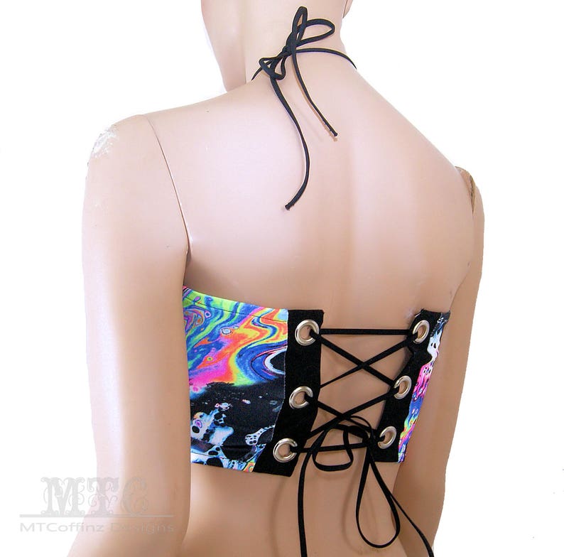 Neon Rainbow Acid Trippy Psychedelic UV Reactive Corset lacing adjustable size boho Rave Festival Halter Top Ready To Ship