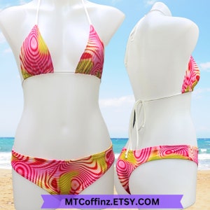 Psychedelic Print Abstract Swirls 2 piece Thong Bikini Swimsuit Retro Vintage Pattern All Sizes Rave Set MTCoffinz - Choose Size