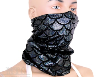 May include: A black neck gaiter with a silver iridescent fish scale pattern.