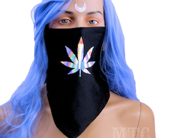 Pot Leaf Marijuana Holographic Festival dust mask bandit mask man playa mask rave outfits scarf bandana