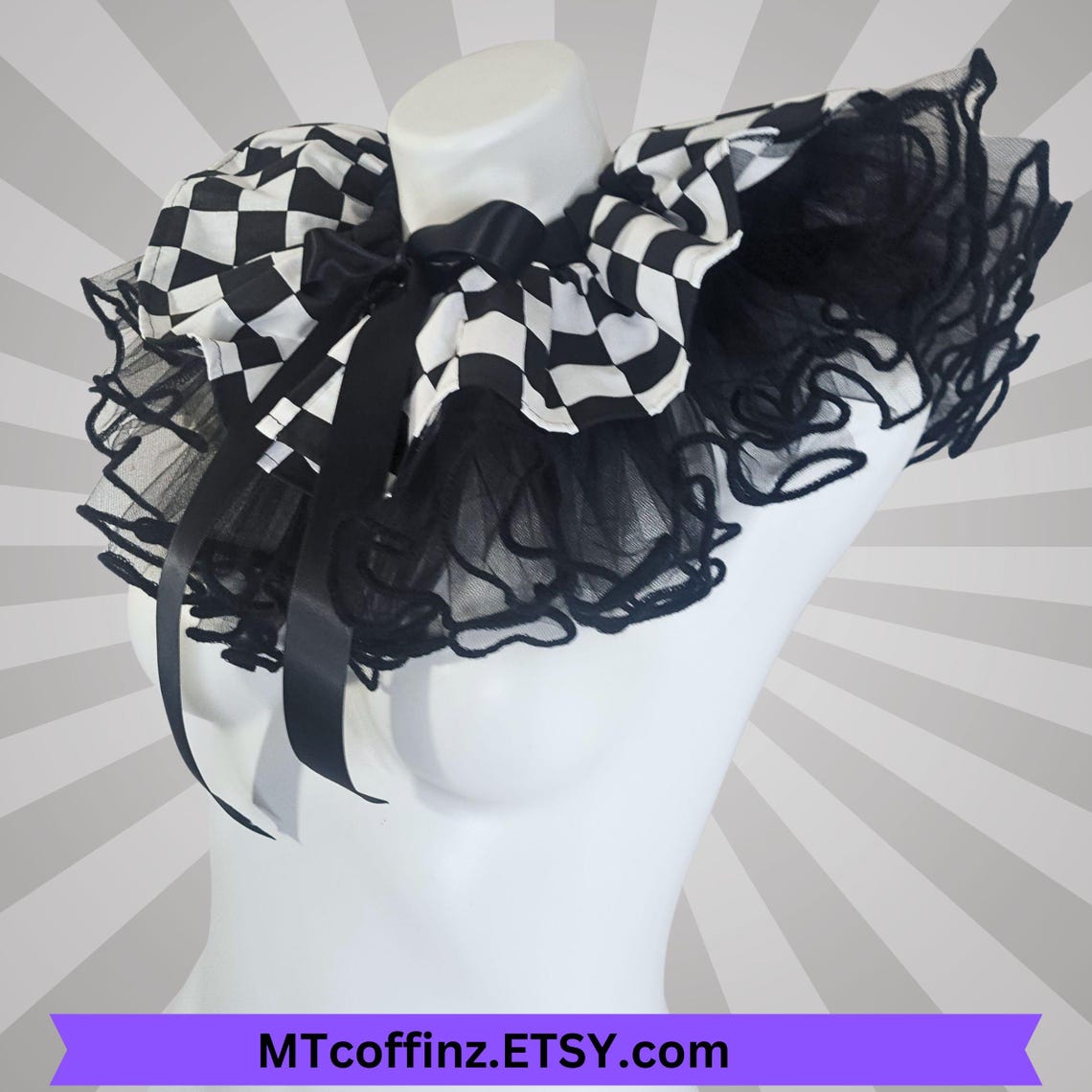 Jesture Ruffles Checkerboard Black Clowncore Clown Ruff Ruffled Jester Costume Collar ...