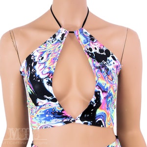 Neon Rainbow Acid Trippy Psychedelic UV Reactive Keyhole Key Hole Corset lacing adjustable size boho Rave Festival Halter Top - MTCoffinz