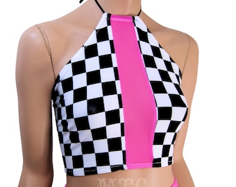 Neon Pink Rally Checkered Flag UV Reactive Corset lacing adjustable size boho Rave Festival Halter Top - MTCoffinz