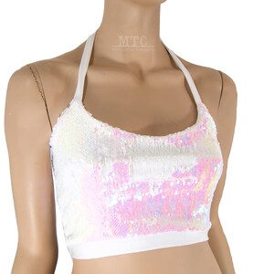 Color Shifting Iridescent White Silver Sequin Rave Festival Halter Top - All Sizes - MTCoffinz