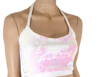Color Shifting Iridescent White Silver Sequin Rave Festival Halter Top - All Sizes - MTCoffinz