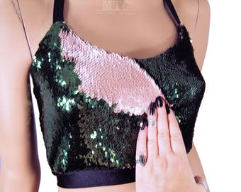 Color Shifting Green Rose Gold Sequin Rave Festival Halter Top - Adult XS - Small - MTCoffinz - Ready to Ship
