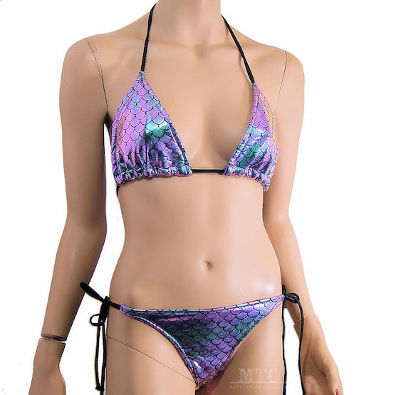 Iridescent Green Purple Mermaid Scales Bikini Bra Top Tie