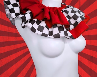 Bright Red and Checkerboard print Clowncore Ruffled Jester Costume Collar Clown Neck Ruff Pierrot Cosplay Halloween Circus Adult Unisex