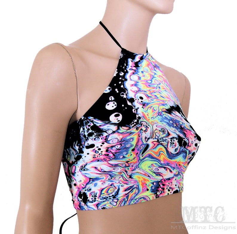 Neon Rainbow Acid Trippy Psychedelic UV Reactive Corset lacing adjustable size boho Rave Festival Halter Top Ready To Ship