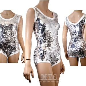 Sequin Bodysuit Sequined Playsuit silver flashbulb romper sheer mesh lingerie rave festival leotard photoshoot MTcoffinz MTC