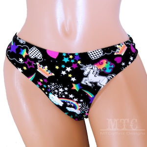 Neon 80s Unicorn Rainbows Kawaii UV Reactive Rave Thong Underwear Swim Suit Festival Cheeky rave outfit Lingerie Panties - MTCoffinz