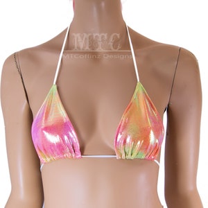 Pink Yellow Orange UV reactive Metallic Sexy Dancer  Stripper Rave Bikini Bra Triangle Top Festival shirt - MTCoffinz