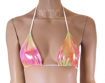 Pink Yellow Orange UV reactive Metallic Sexy Dancer  Stripper Rave Bikini Bra Triangle Top Festival shirt - MTCoffinz