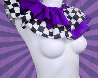 Purple and Checkerboard print Clowncore Ruffled Jester Costume Collar Clown Neck Ruff Pierrot Cosplay Halloween Circus Adult Unisex