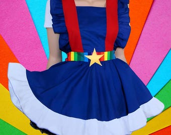 Classic Bright Rainbow Doll Retro 80s Toy Costume Cosplay Pinafore Apron Costume Skirt Adult  - MTCoffinz