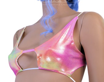 Rave Top Bikini UV Reactive Metallic Pink Yellow Orange Glitter EDM Dance Festival Cleavage Revealing Shirt All Sizes - MTCoffinz