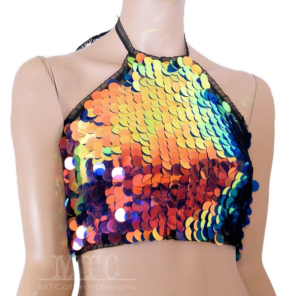 Dragon Scale color shifting Sequined Sheer Mesh iridescent Sequin Corset lacing adjustable size boho Rave Festival Halter Top  - MTCoffinz