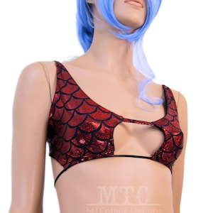 Holographic Rave Top Dragon Scales Red Glitter Mermaid Bikini  EDM Dance Festival Cleavage Revealing Shirt All Sizes - MTCoffinz