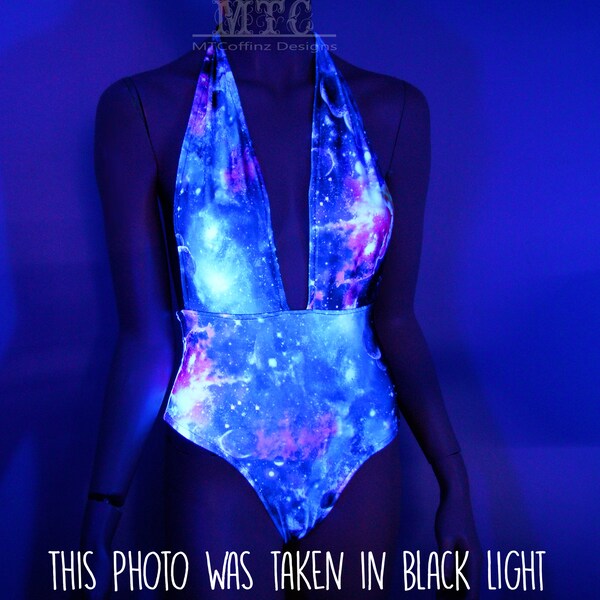 Deep V Plunge Cheeky One Piece Bodysuit UV Reactive Nebula Galaxy Open Back Rave Bathing Suit Black Light All Sizes- MTCoffinz