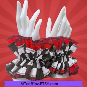 Red and Checkerboard Color Clown Ruffle Cuff Set Traditional Cotton Clowncore Bracelet Harlequin Accessories Jestercore Kidcore Childcore