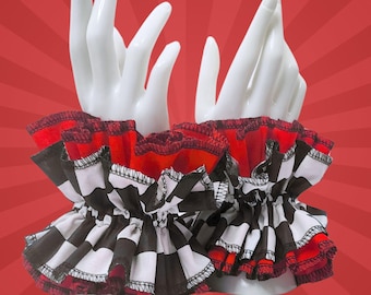 Conjunto de puños con volantes de payaso en colores rojo y damero Pulsera tradicional de algodón Clowncore Accesorios Harlequin Jestercore Kidcore Childcore