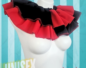 Red and Black Clowncore Ruffled Jester Costume Collar Two Color Clown Neck Ruff Pierrot Cosplay Halloween Circus Theatrical Adult Unisex