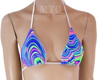 Pink Purple Green Trippy Neon Glow Worm  UV reactive Dancer Stripper Rave Bikini Bra Triangle Top Festival shirt - MTCoffinz