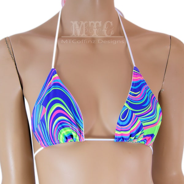 Pink Purple Green Trippy Neon Glow Worm  UV reactive Dancer Stripper Rave Bikini Bra Triangle Top Festival shirt - MTCoffinz