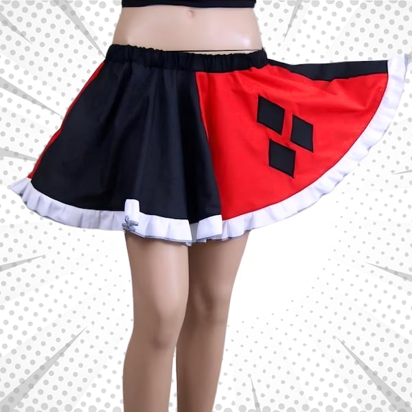 Harlequin Ruffle Retro Comic Book Villain Cosplay Costume Black Red Diamonds Circle Skirt Adult ALL Sizes - MTCoffinz