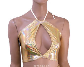 Liquid Gold Holographic Color Shifting Metallic Corset lacing adjustable size boho Rave Festival Halter Top Ready To Ship - MTCoffinz