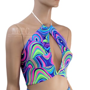 Acid Swirls Glow Worm Trippy Psychedelic UV Reactive Keyhole Key Hole Corset lacing adjustable boho Rave Festival Halter Top - MTCoffinz