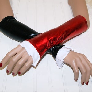 Shiny Black Red Foil Harlequin Cosplay Costume Halloween Comic Book Ruffled Arm Warmers Gloves MTCoffinz