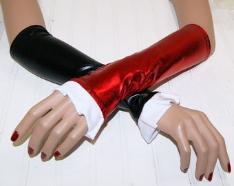 Shiny Black Red Foil Harlequin Cosplay Costume Halloween Comic Book Ruffled Arm Warmers Gloves MTCoffinz