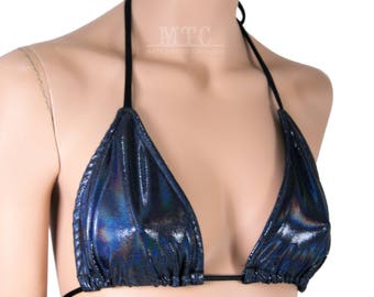 May include: A black iridescent halter top bikini with adjustable straps. The top is made of a shiny, stretchy fabric.