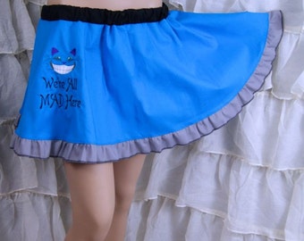 Cheshire Cat - We're All Mad Here - Embroidered Turquoise Blue Circle Skirt Adult ALL Sizes - MTCoffinz