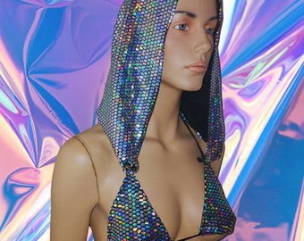 Disco Ball Hoodie Mirror Ball Hooded Hood Triangle Bikini Top  Sexy Dancer Stripper Bra Triangle Top Festival shirt - MTCoffinz