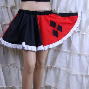 Harlequin Ruffle Retro Comic Book Villain Cosplay Costume Black Red Diamonds Circle Skirt Adult ALL Sizes - MTCoffinz